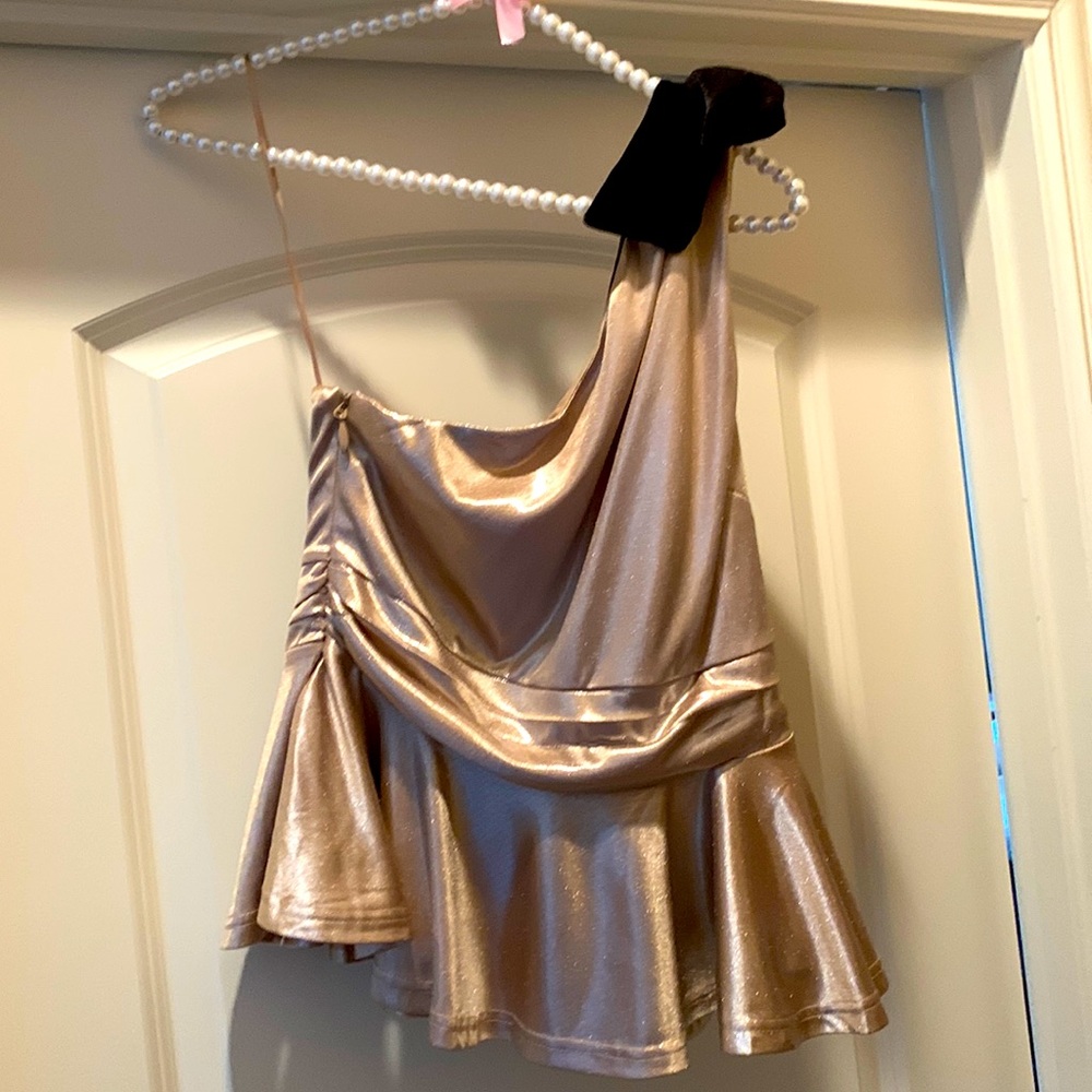 Sugar + Lips one shoulder peplum bow top